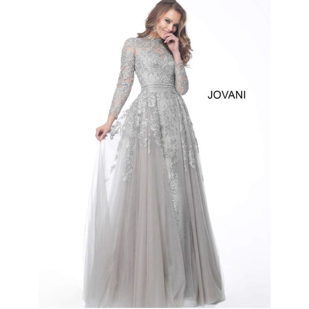 Jovani Silver Beaded Embroidered Long Sleeve Evening Gown Dress Grey Sz 12 NWT